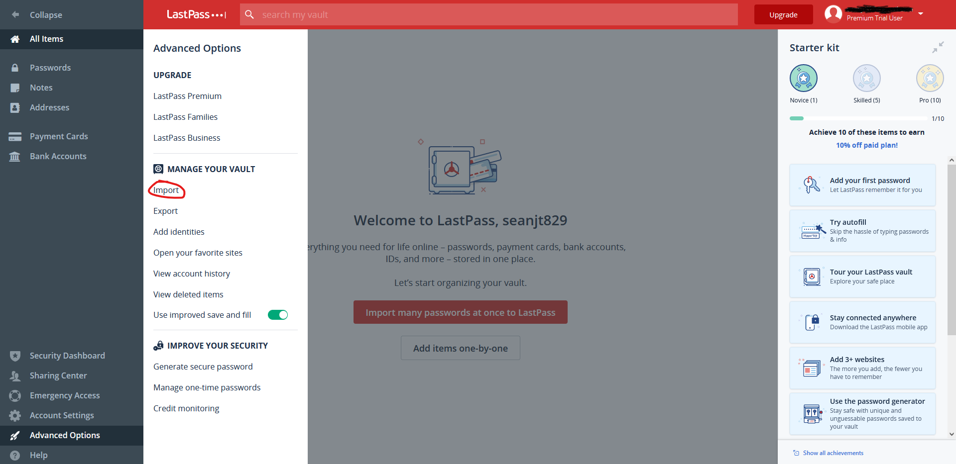 LastPass sidebar menu with the Import option circled