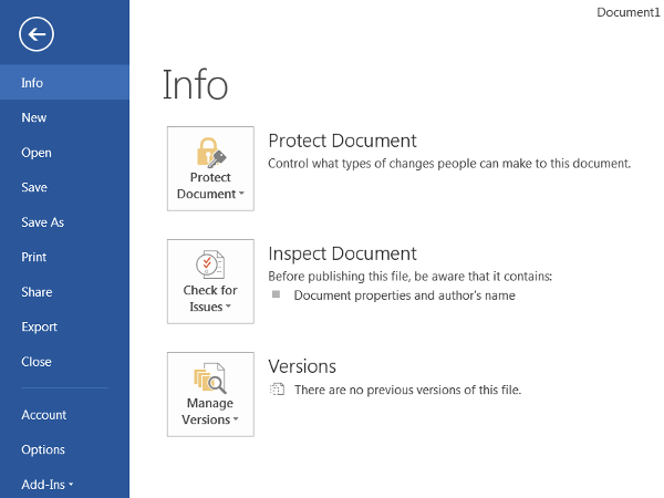 Microsoft Word Info section